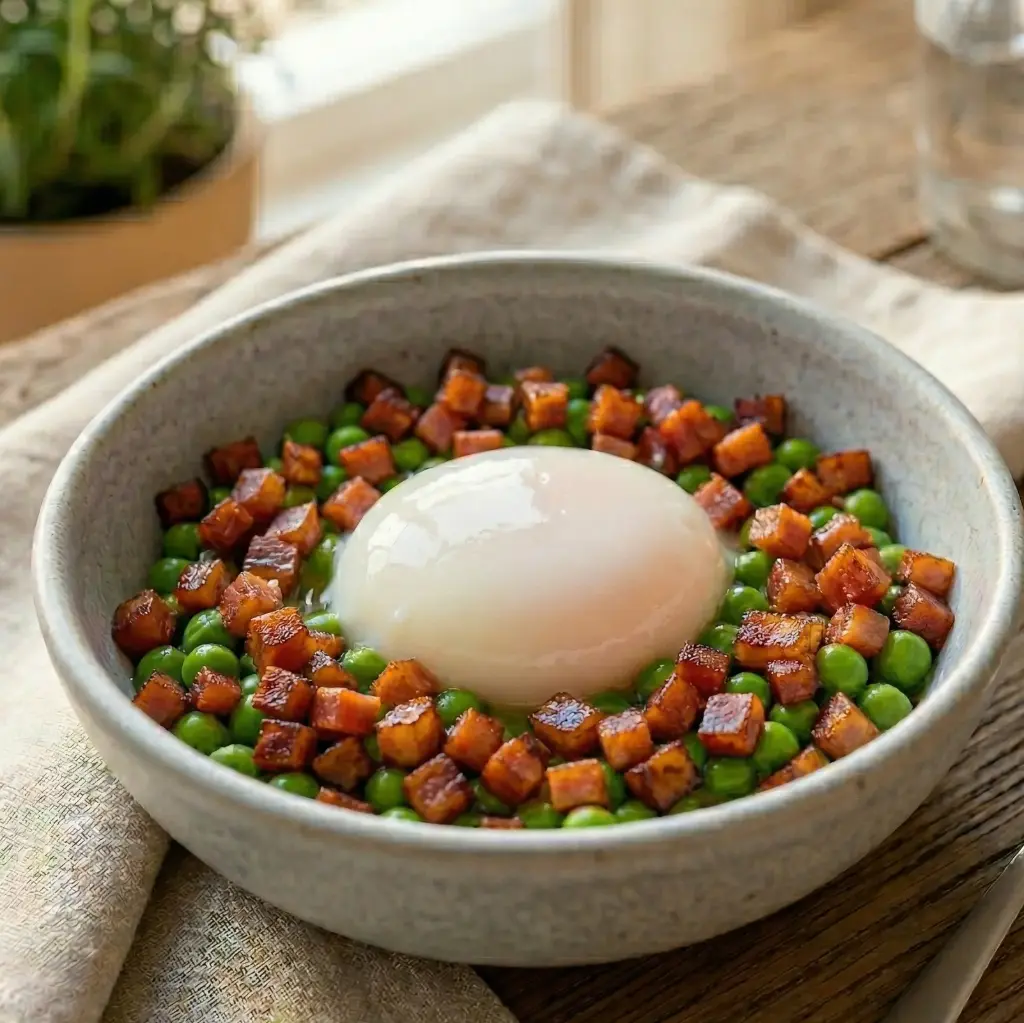 Guisantes con jamón y huevo poché (150gr.)