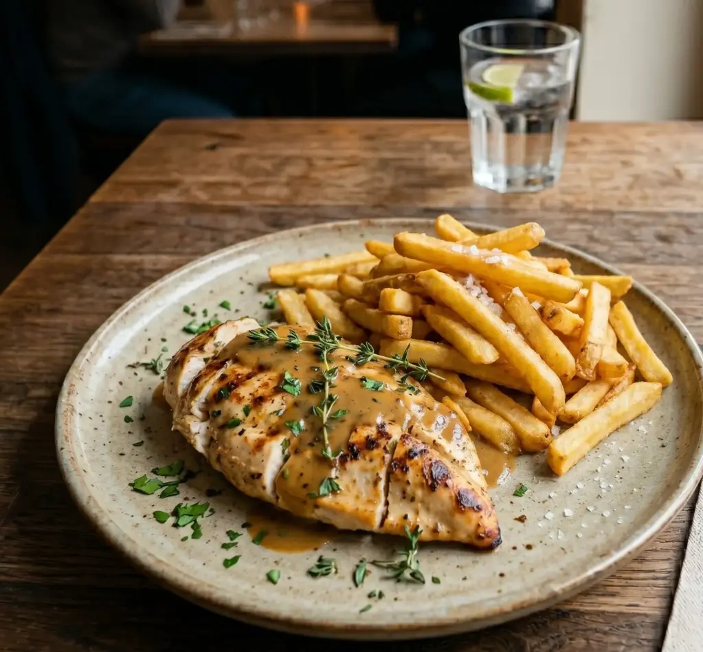 Pechuga de pollo plancha con patatas fritas (250gr.)
